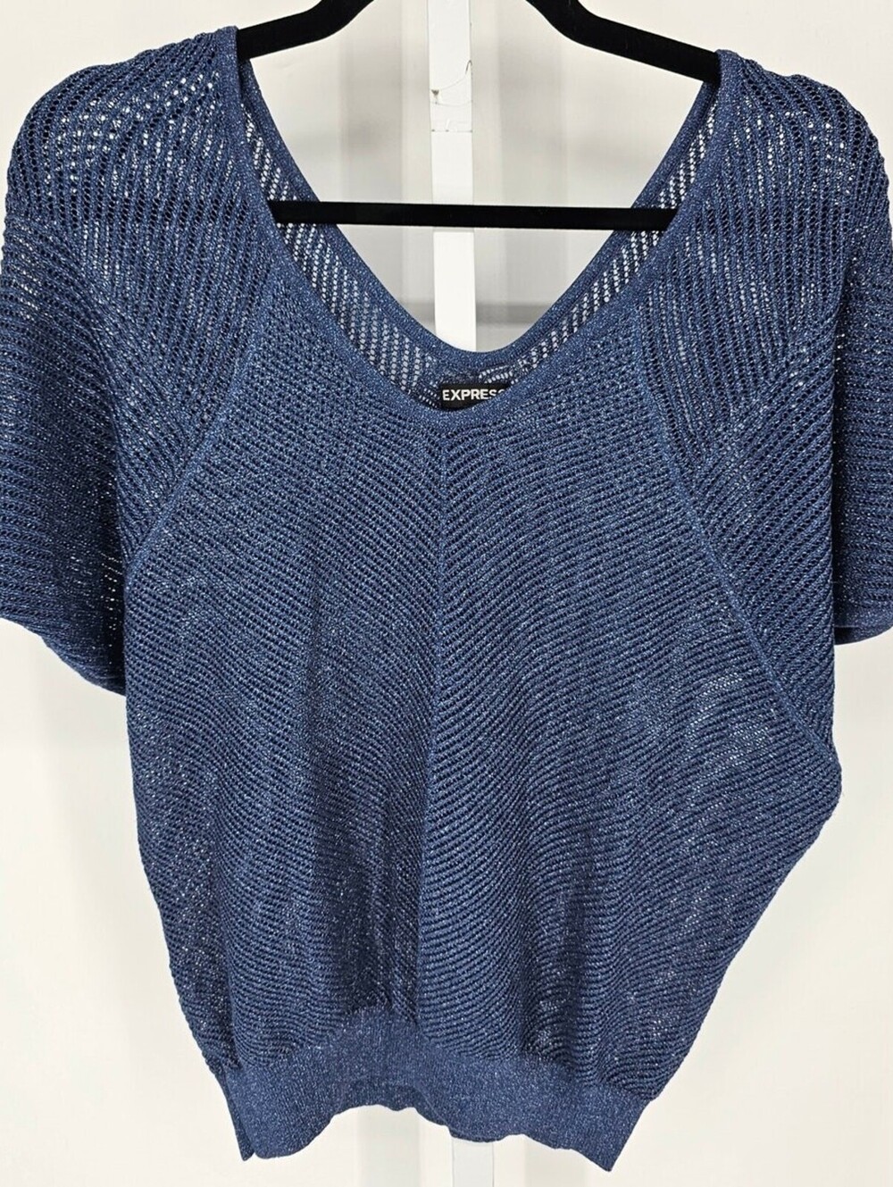 Express Womens Sz M Short Sleeve Crochet Knit Top Blue Metallic Weave
